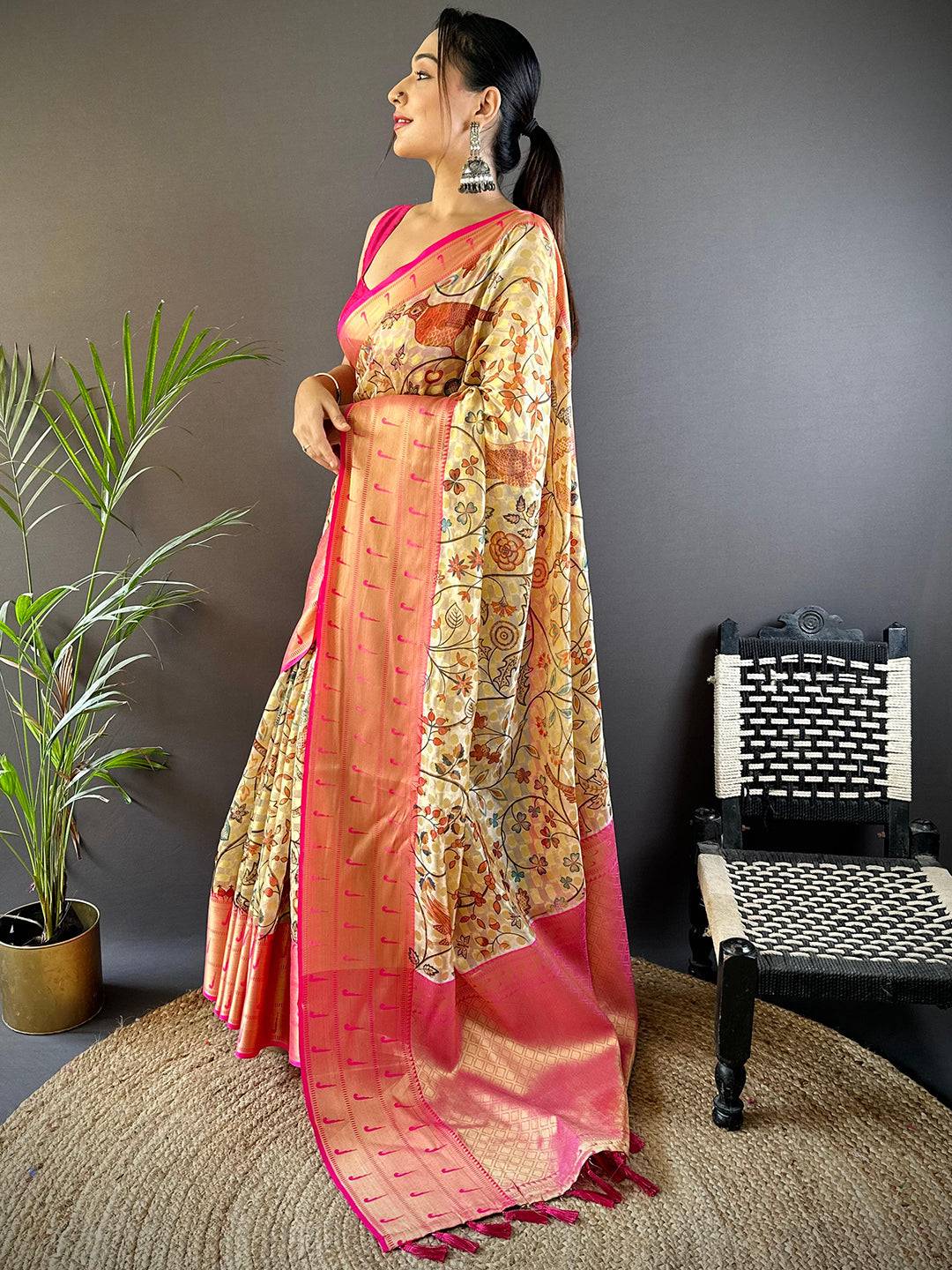 Golden Beige Paithani Kora Silk Saree by My Store
