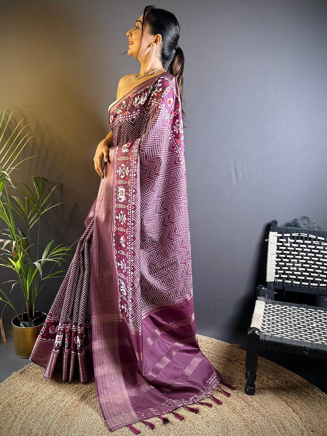 Dark Burgundy Zig Zag Kalamkari Kanchi Silk Saree by My Store
