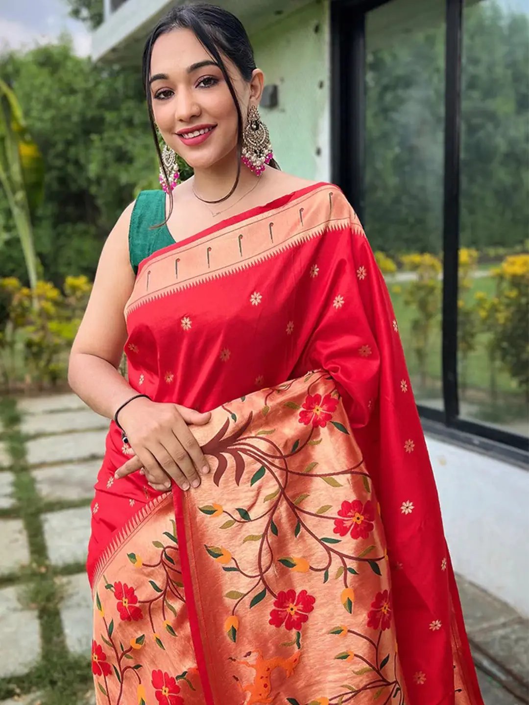 Red Colour Paithani Big Border Woven Saree by My Store