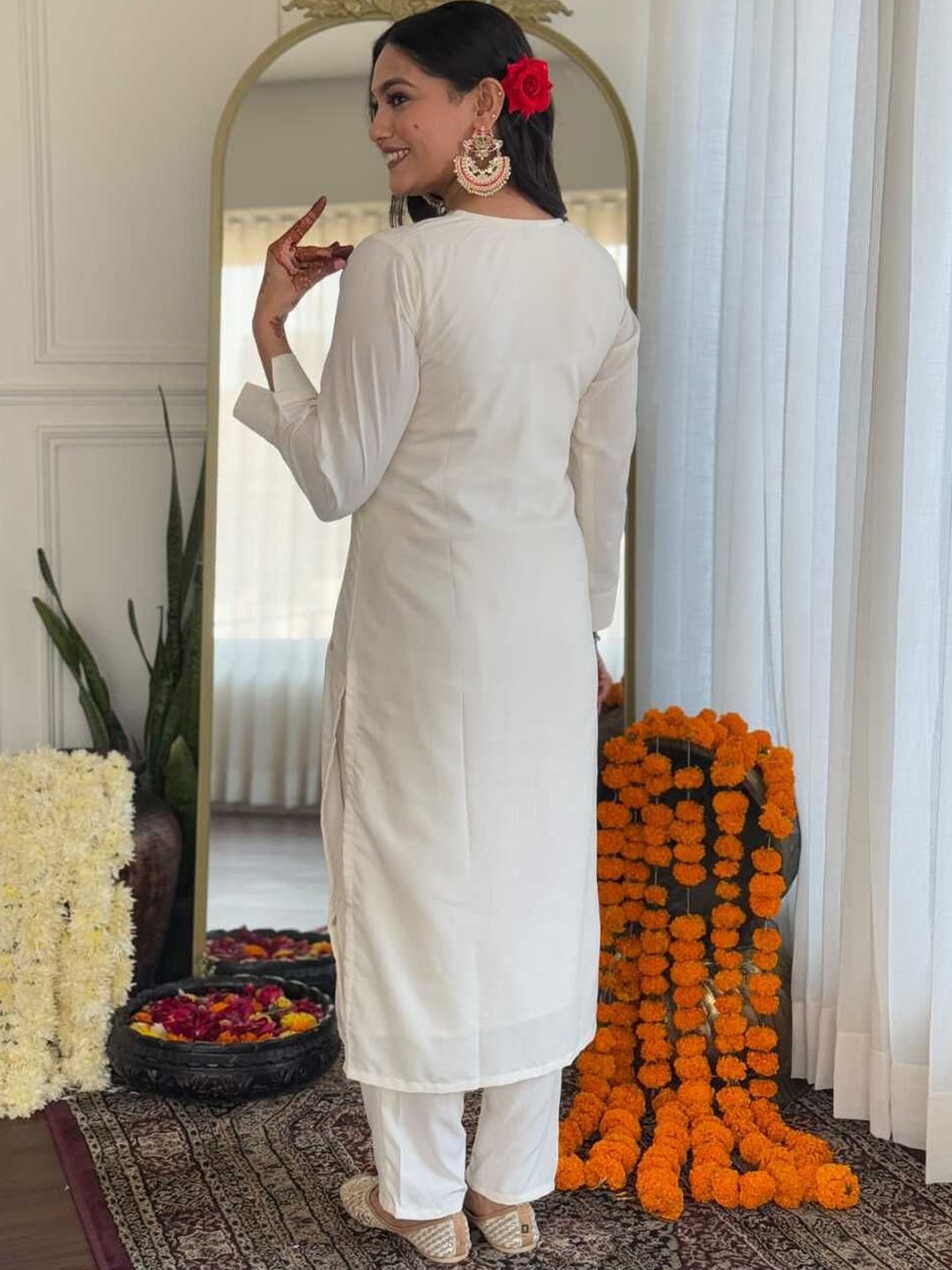 Pure White Kurta Accentuated with a Striking Scarlet Dupatta