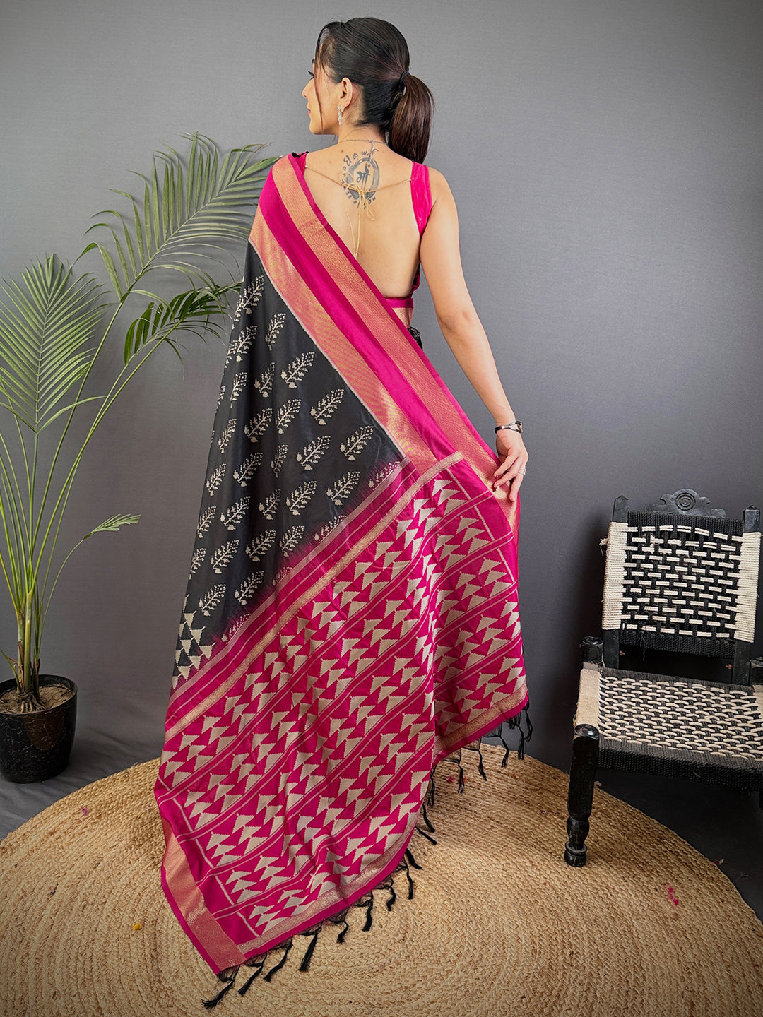 Radiant Black Soft Silk Ikkat Saree by My Store