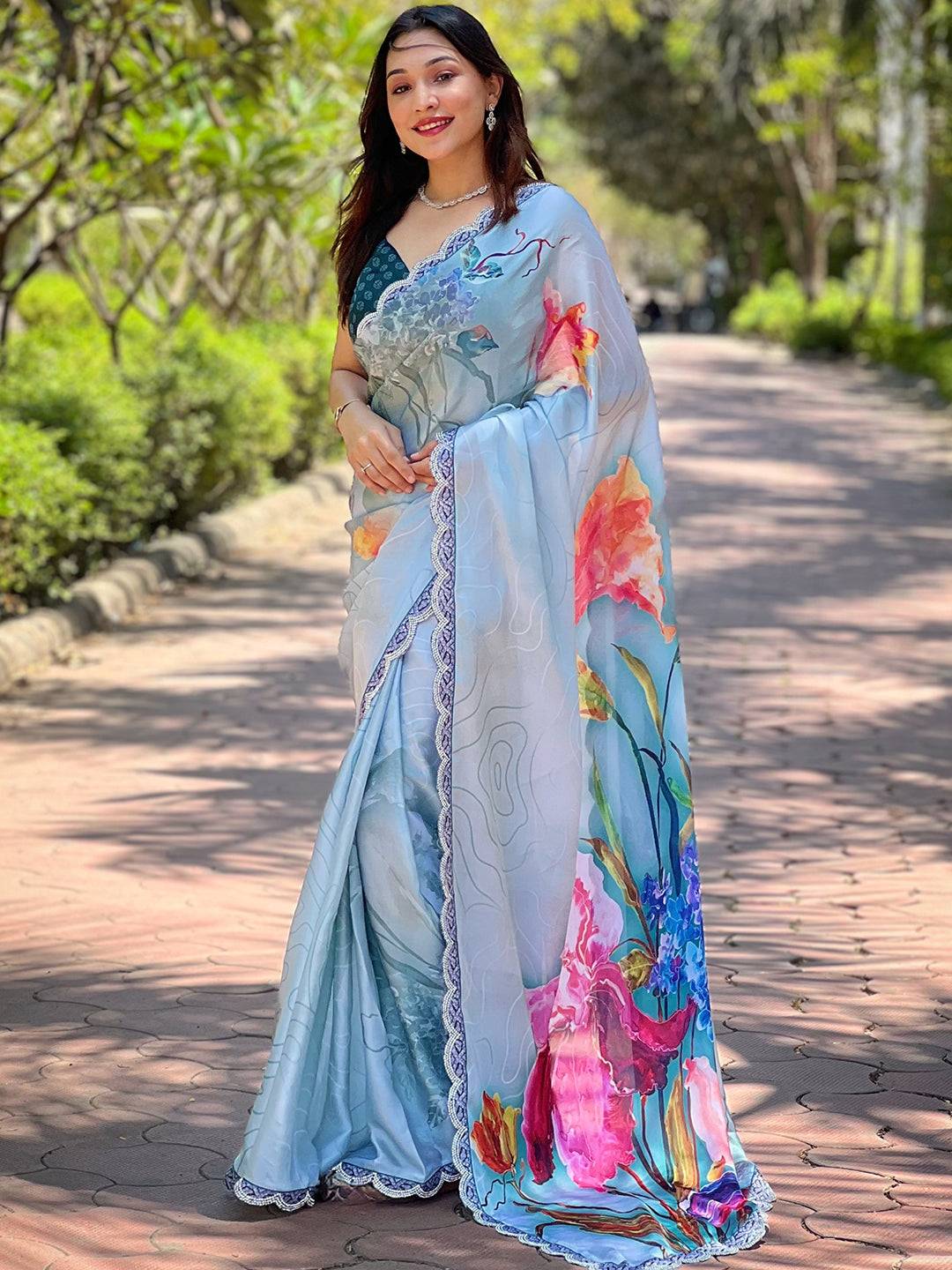 Light Blue Satin Georgette Floral Print Saree by My Store