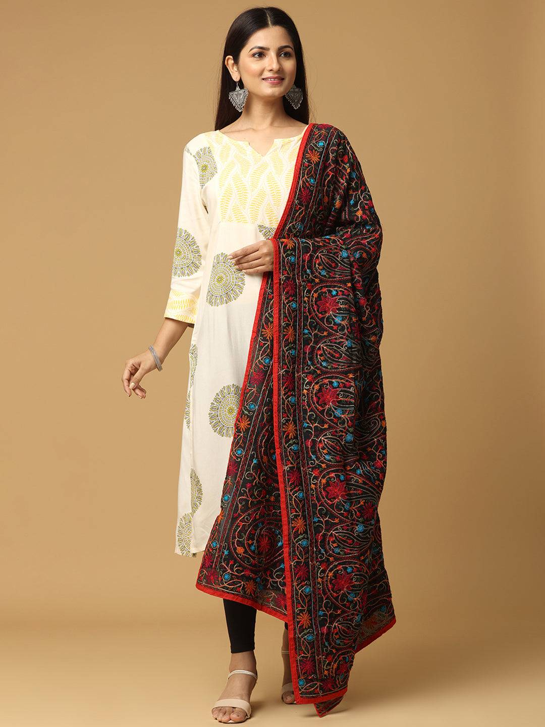 Poly Chiffon Black Colour Pashmina Threadwork Dupatta by My Store