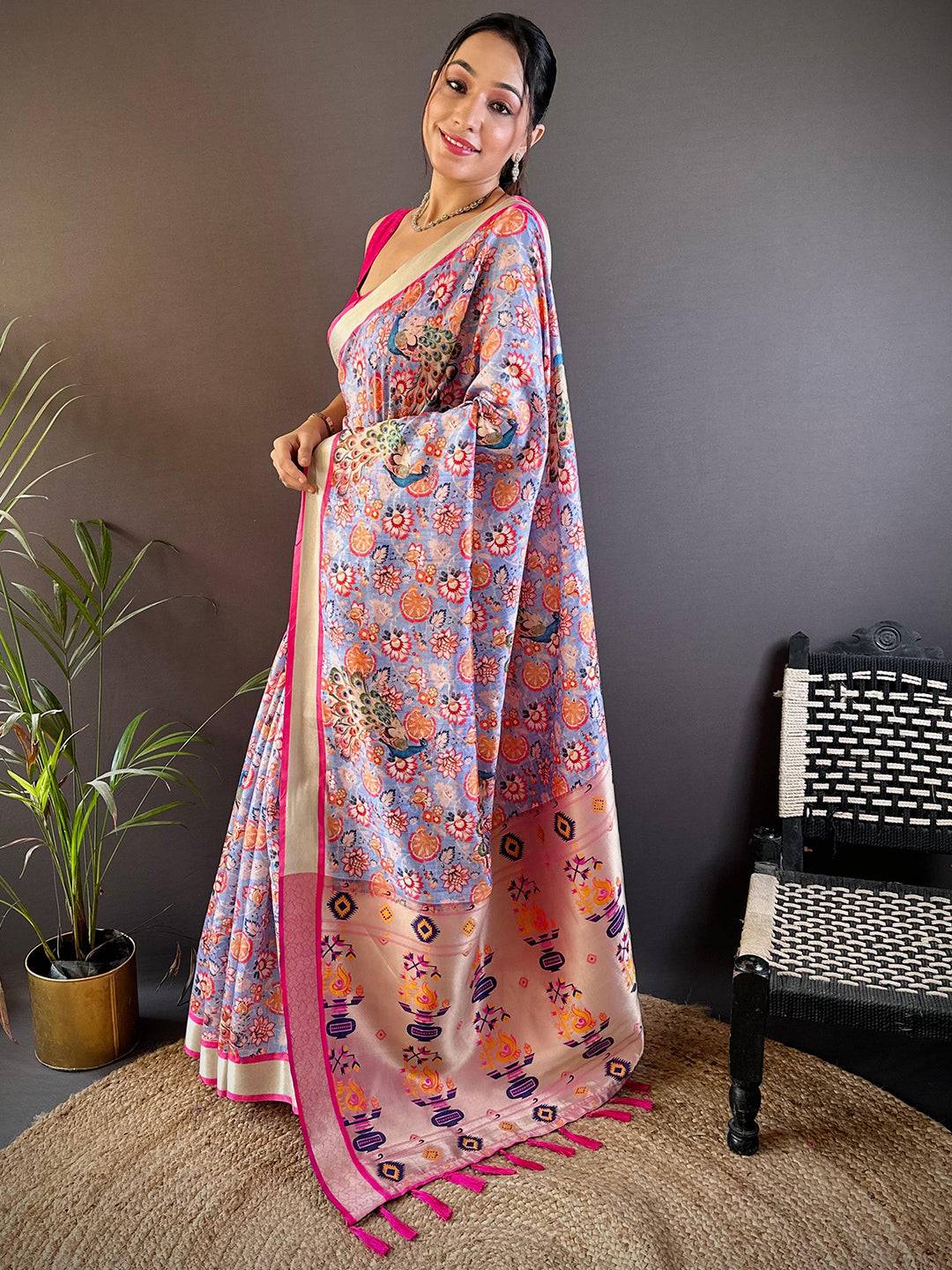 Lavender Blossom Phulkari Silk Saree by My Store