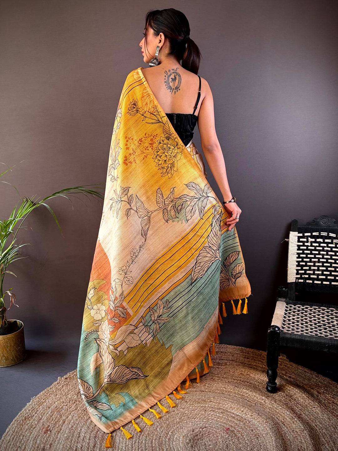 Yellow Abstract Floral Zari Tussar Saree