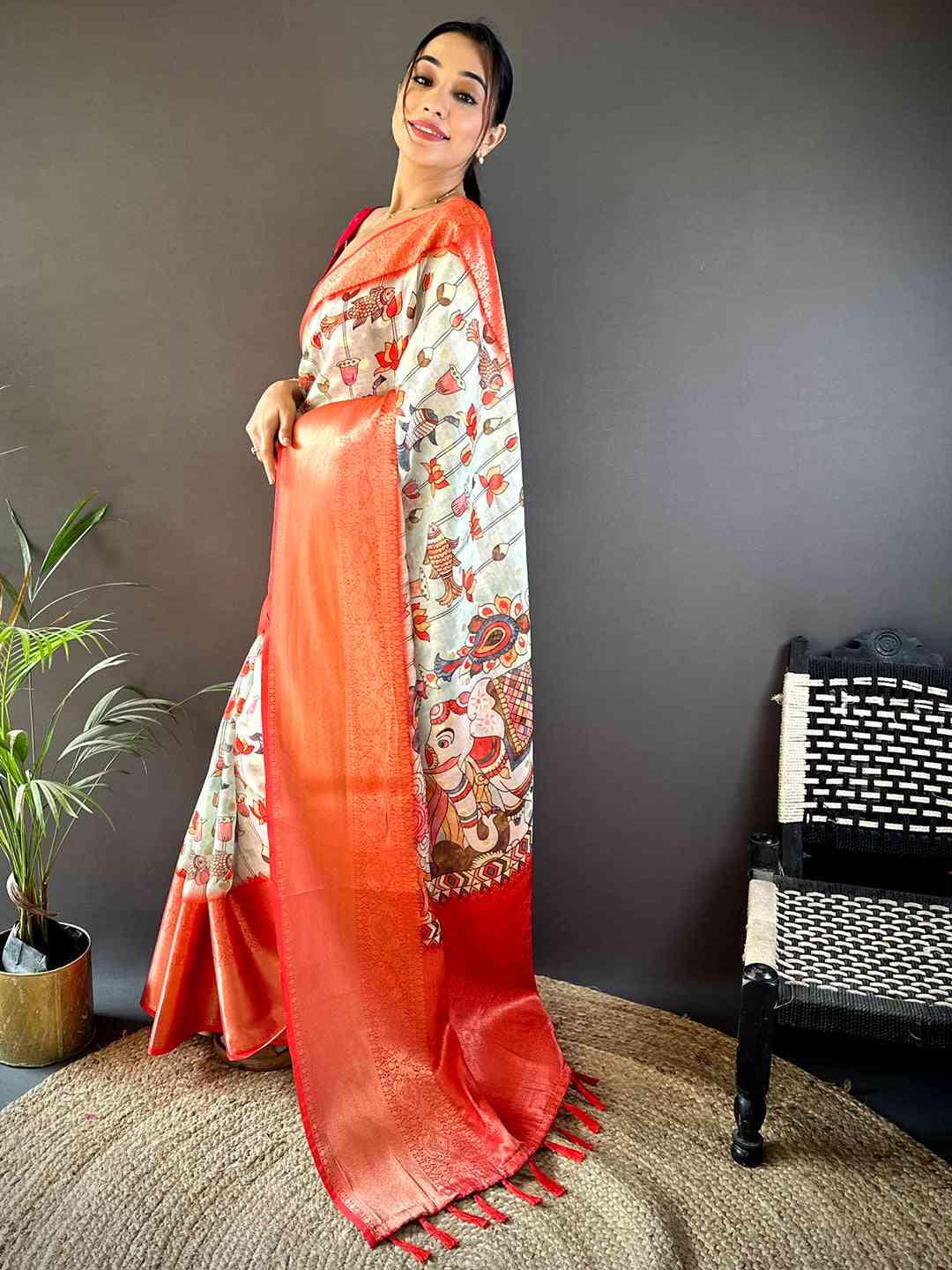 Pista Floral Kalamkari Kota Doriya Saree by My Store