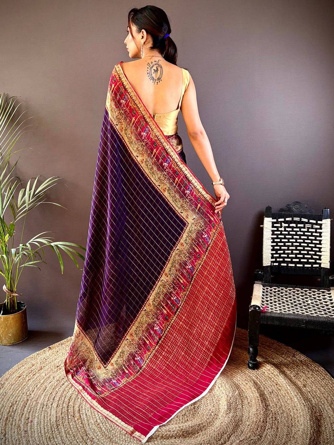 Indigo Chinnon Chiffon Kalamkari Saree by My Store