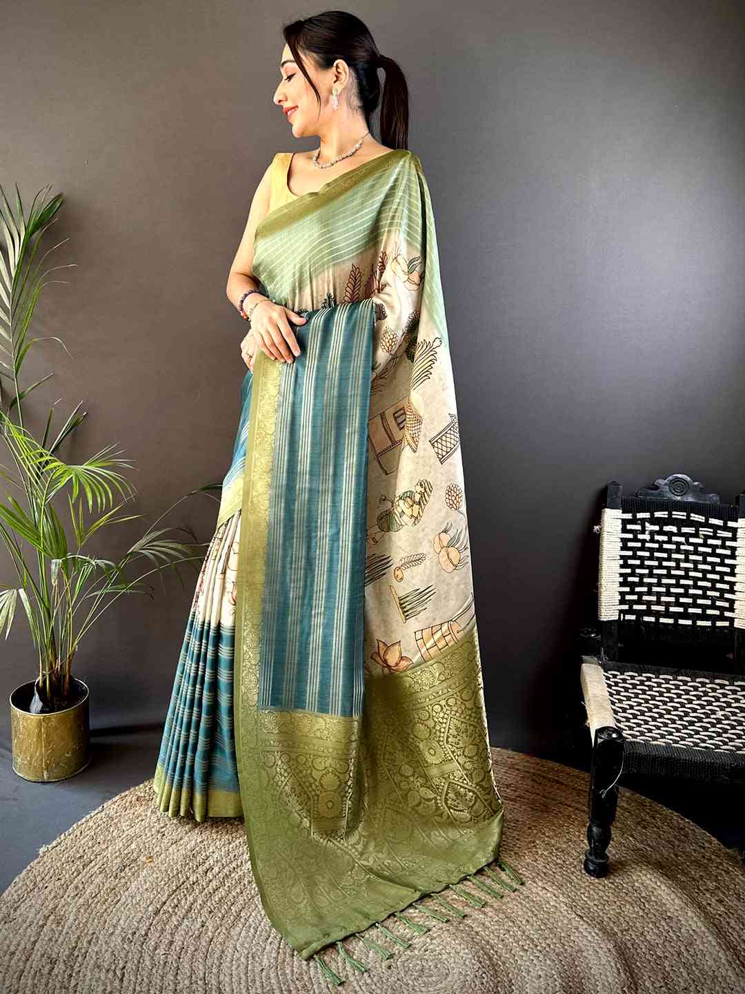 Pista Soft Crep Silk Ombre Print Saree by My Store
