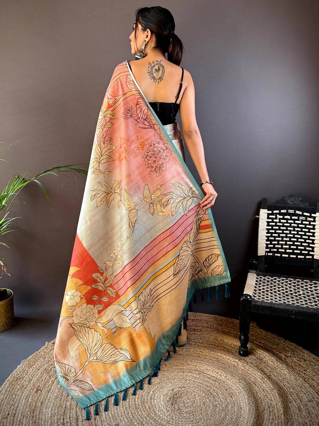 Rama Abstract Floral Zari Tussar Saree by My Store