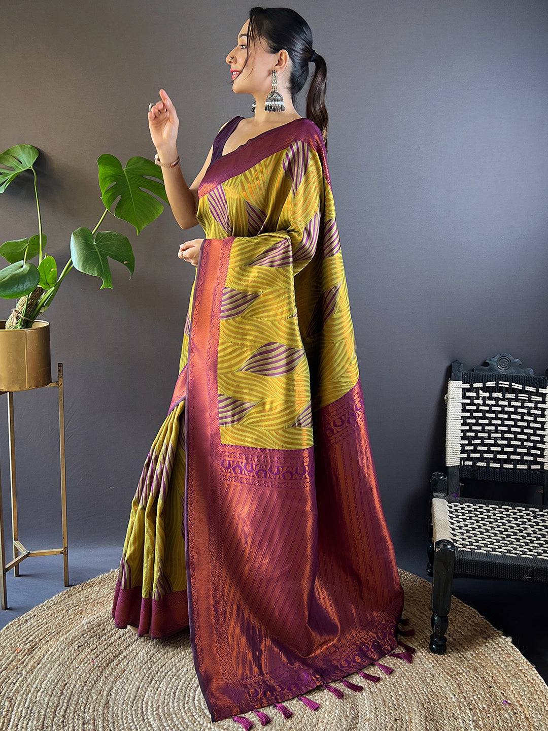 Green Tussar Silk Zari Weaving Ikkat Saree by My Store