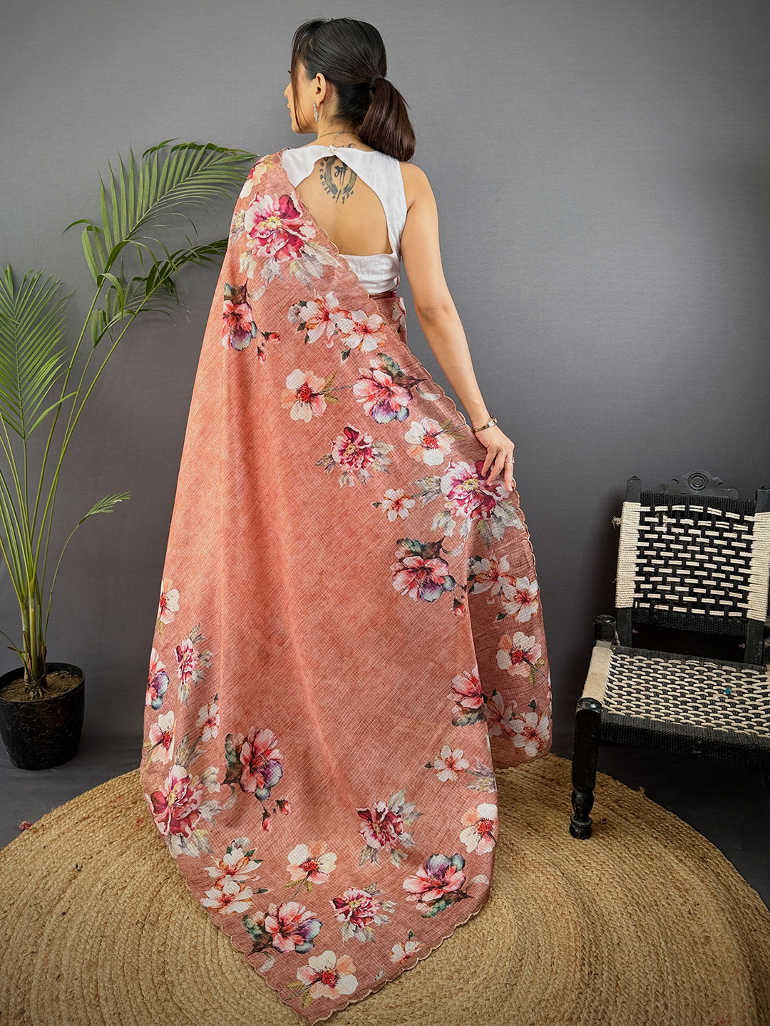 Peach Kota Doriya Floral Cut Work Saree by My Store
