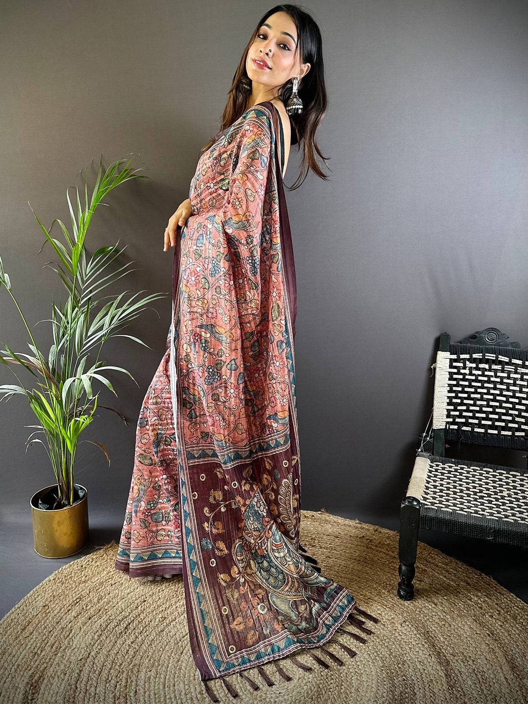 Rust Kalamkari Stripes Chanderi Saree by My Store