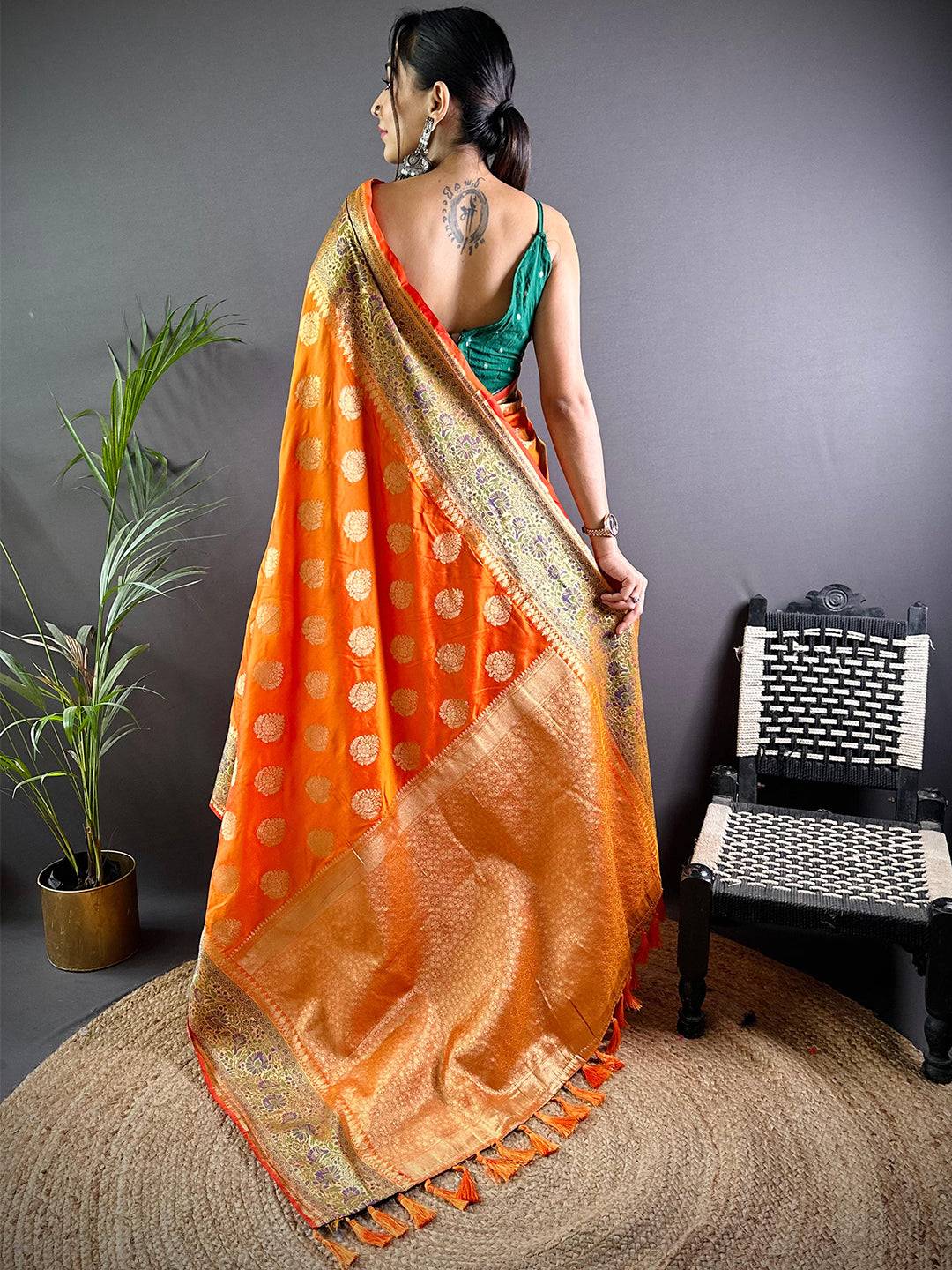 Orange Banasari Silk Saree With Zari Weaving by My Store