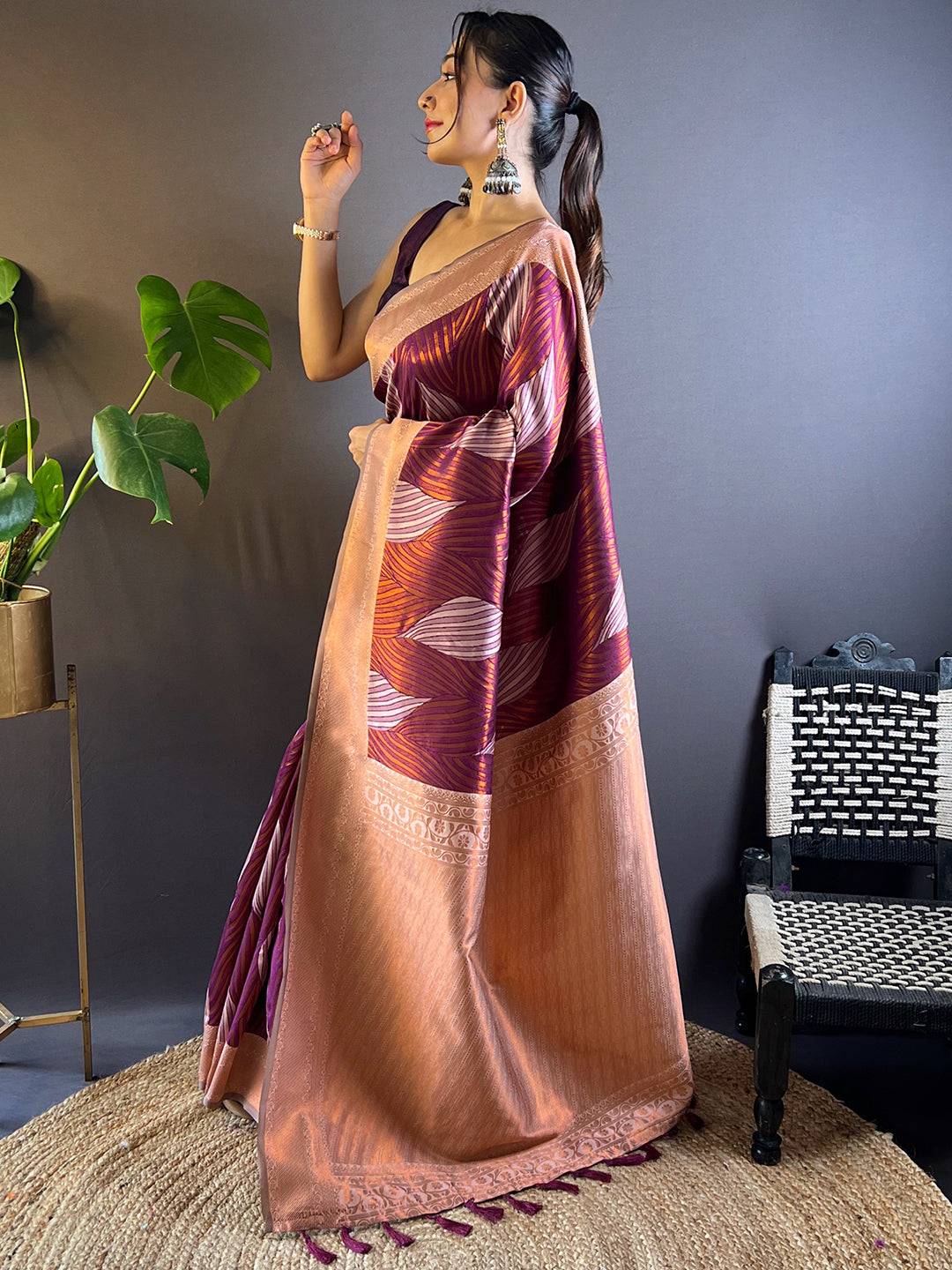 Cherry Tussar Silk Zari Weaving Ikkat Saree by My Store