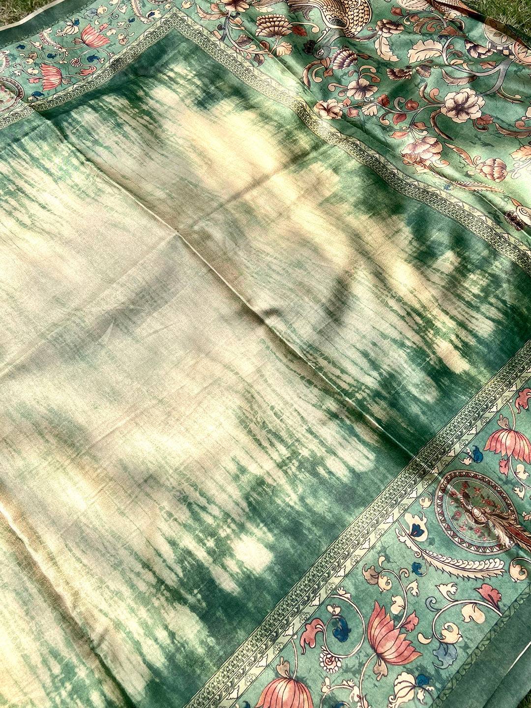 Green Colour Tussar Silk Saree With Batik and Kalamkari Print Border by My Store