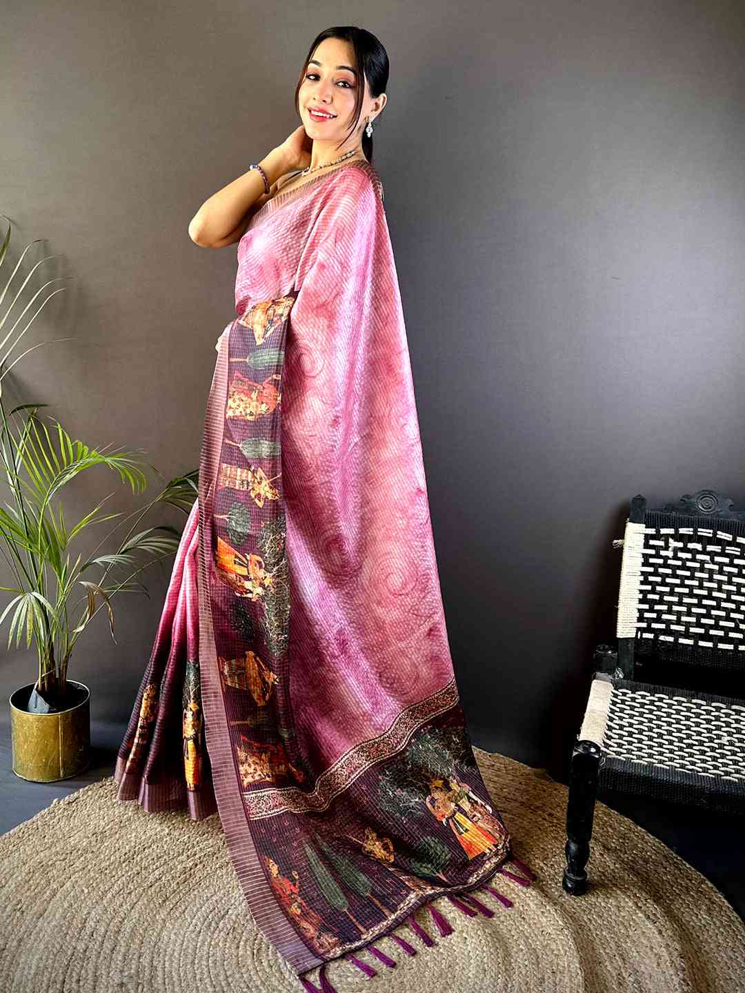 Light Pink Kalamkari Pichwai Black Check Saree by My Store