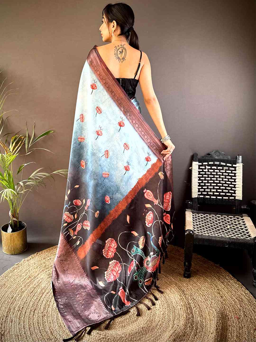 Light Blue Soft Silk Floral Ombre Print Saree by My Store