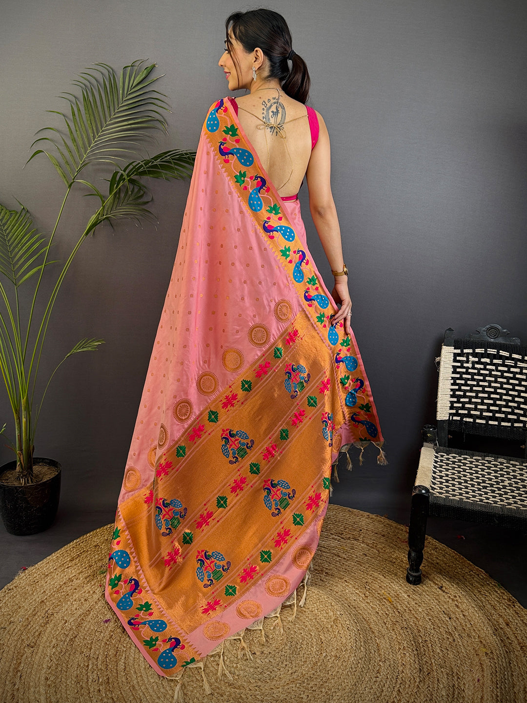 Peach Yeola Paithani Soft Silk Saree by My Store