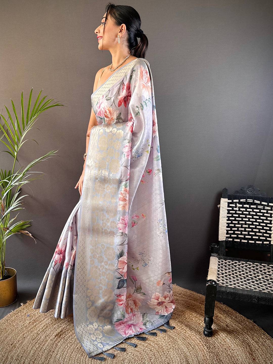 Grey Kota Doriya Zari Floral Kanchi Border Saree by My Store