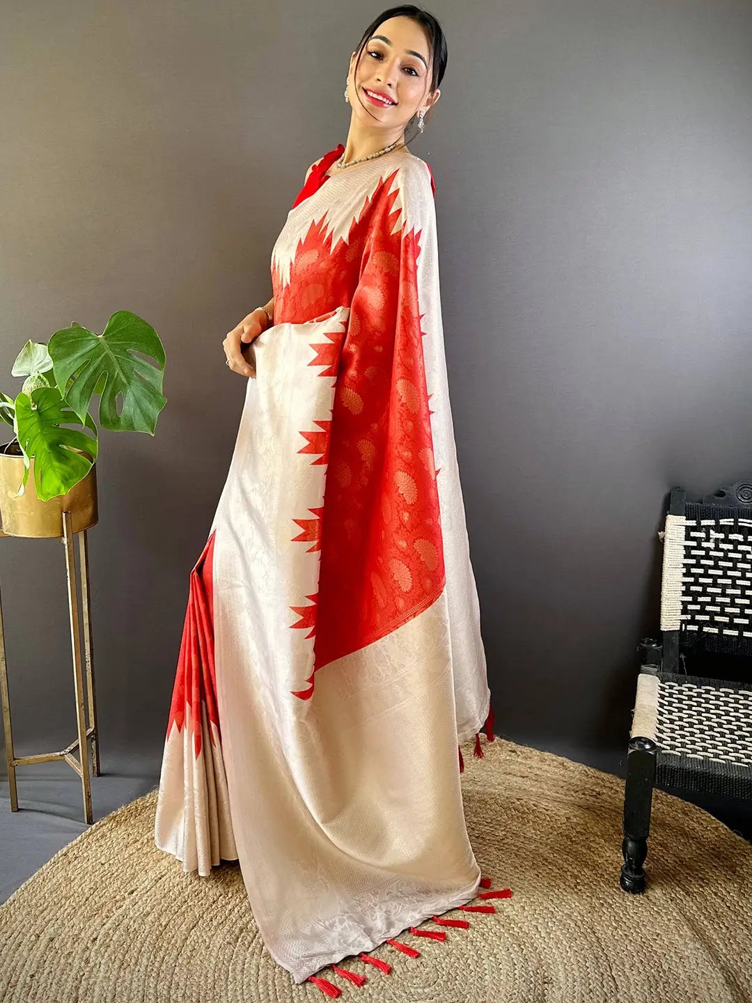 Red Ikkat Temple Soft Silk Saree by My Store