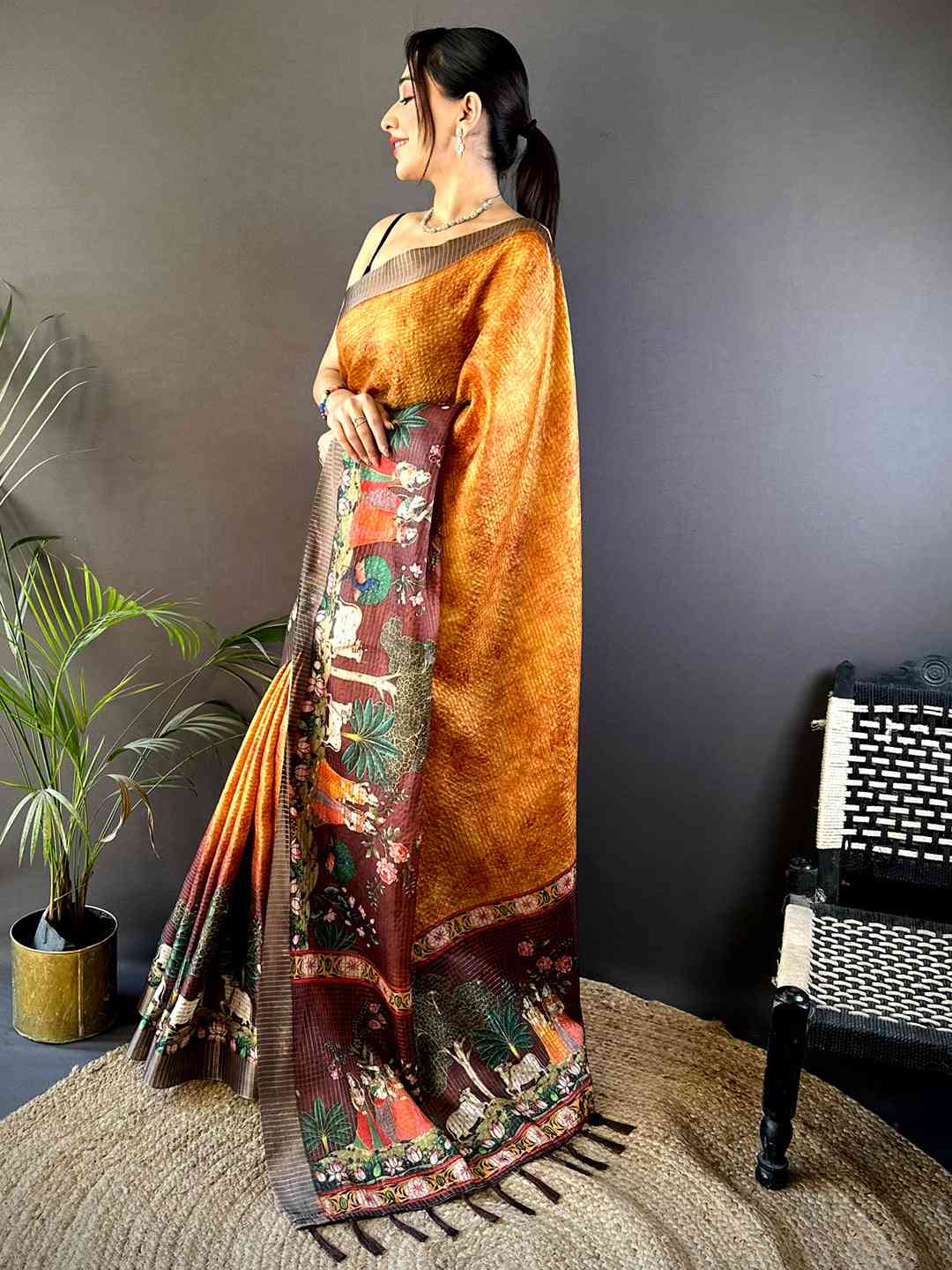 Mustard Kalamkari Pichwai Black Check Saree by My Store