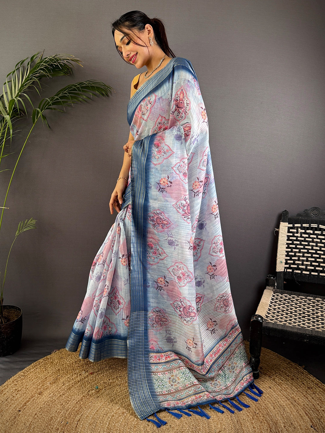 Pastel Blue Linen Digital Printed Saree by My Store