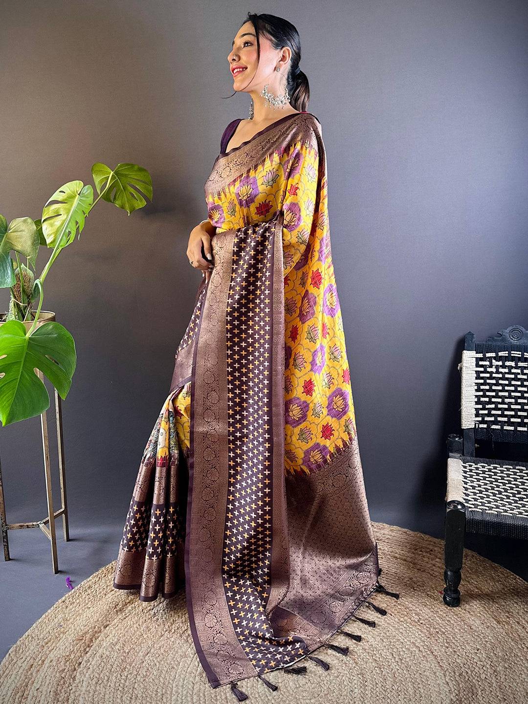 Golden Cross Ikkat Yellow Saree by My Store