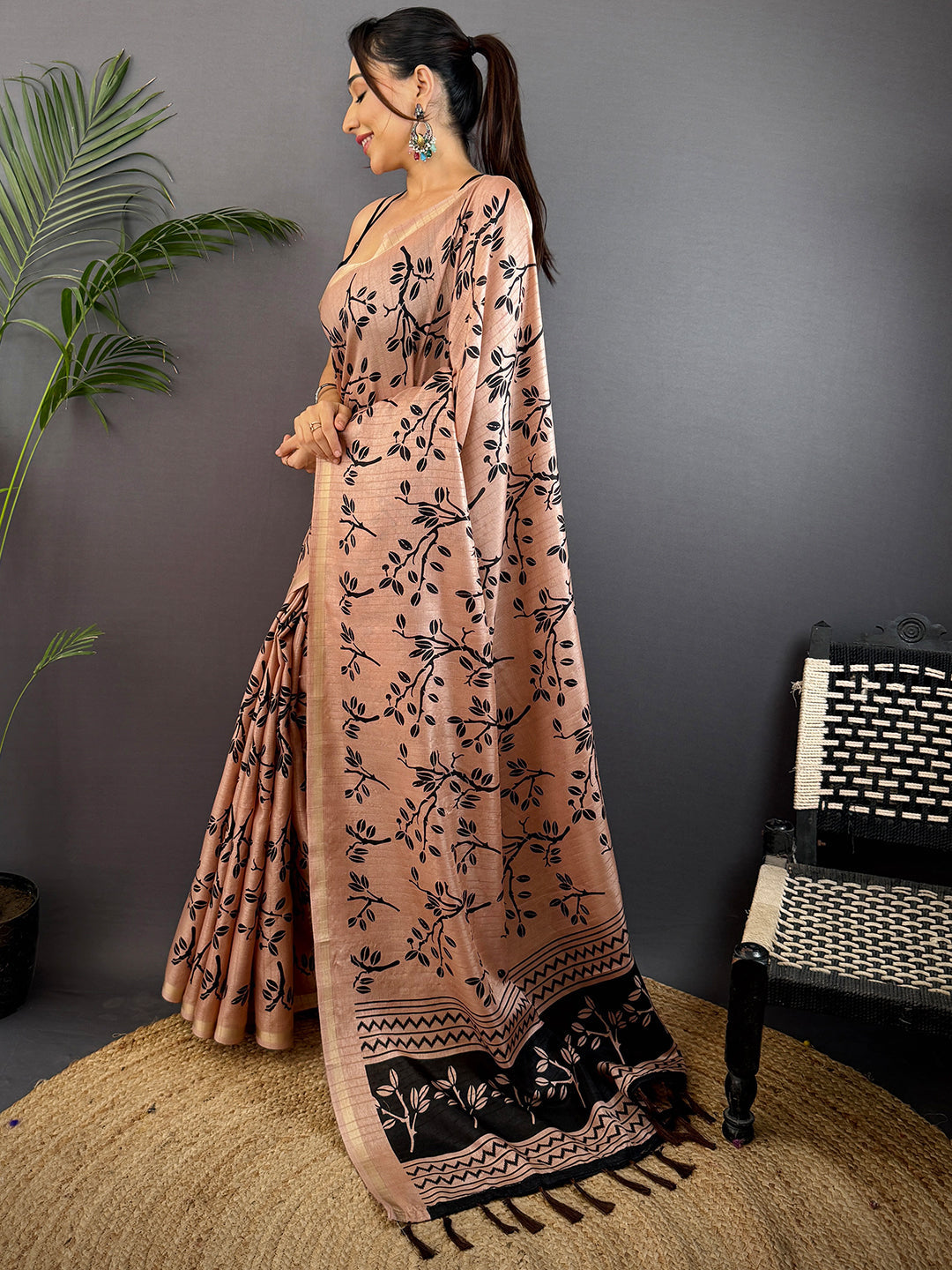 Peach Ghicha Leaf Print Saree by My Store