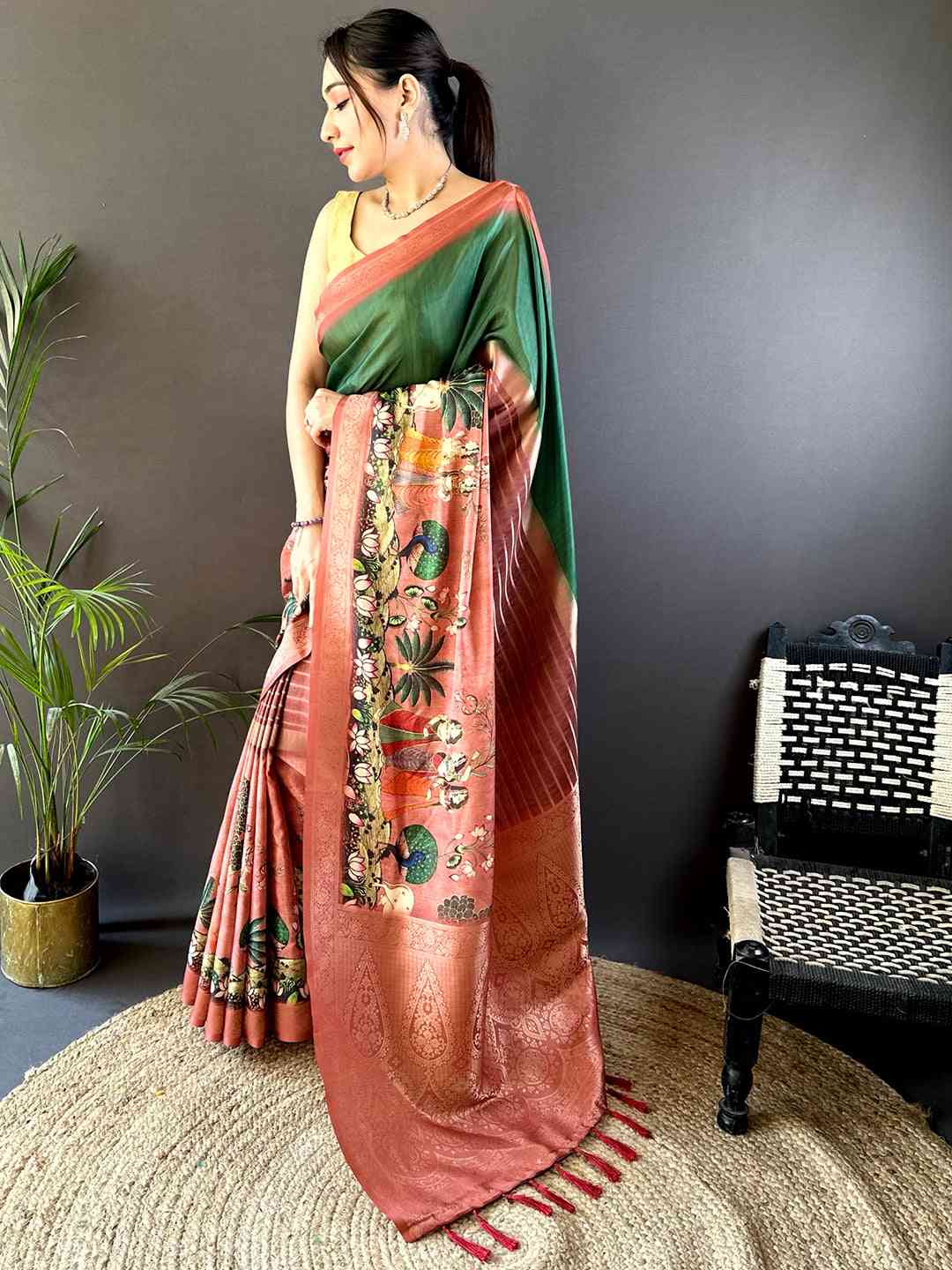Dark Green Kalamkari Ombre Soft Silk Saree by My Store