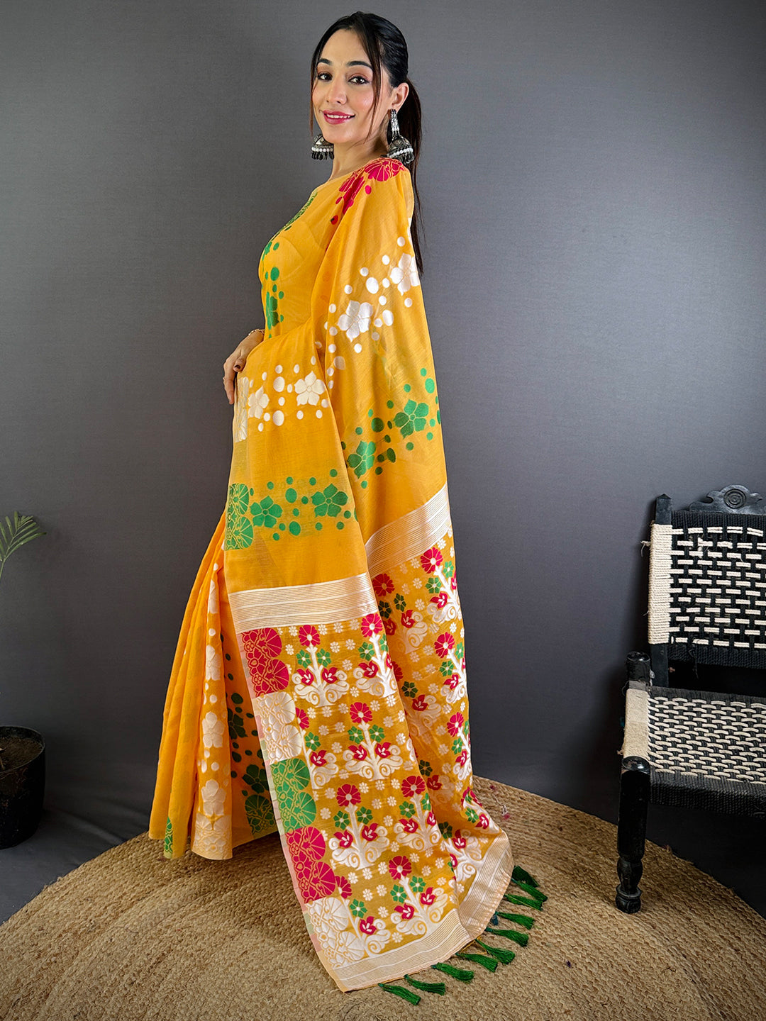 Graceful Yellow Dhakai Jamdani Cotton Silk Saree by My Store