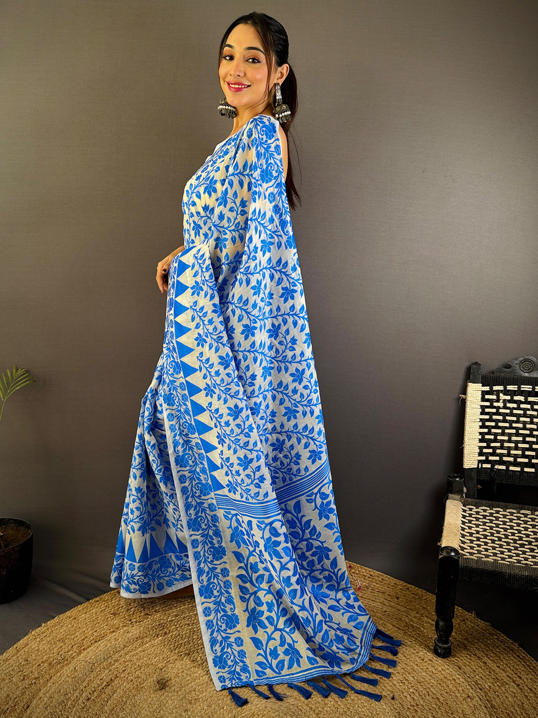 Sky Blue Dhakai Jamdani Cotton Silk Saree by My Store