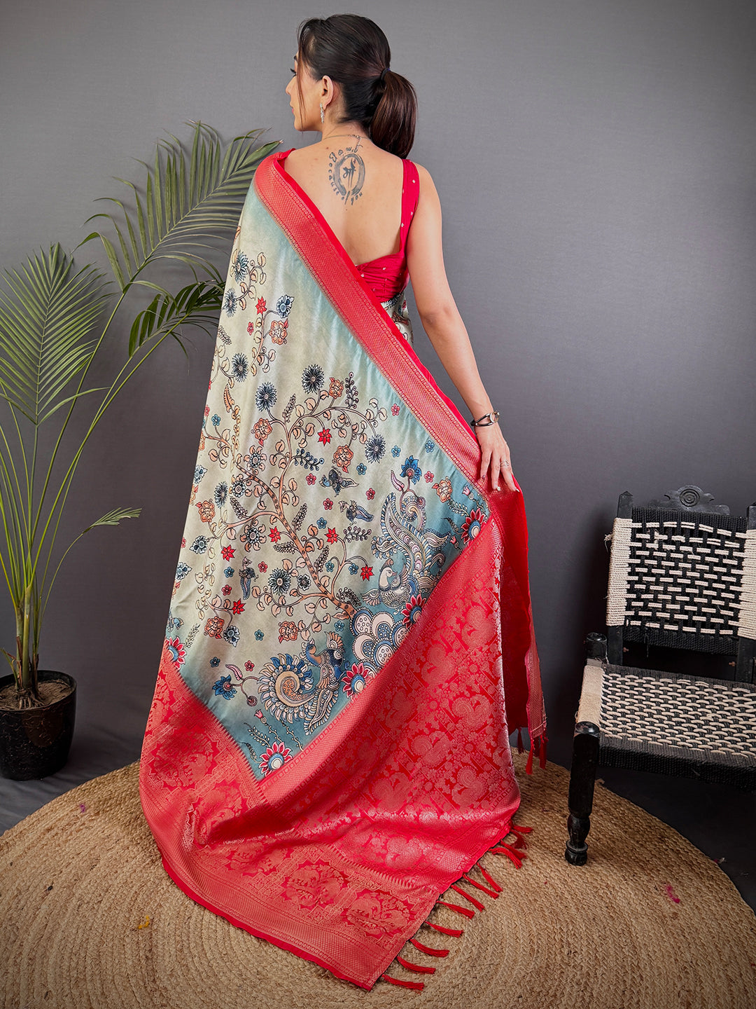 Sage Green Kalamkari Printed Soft Satin Saree by My Store