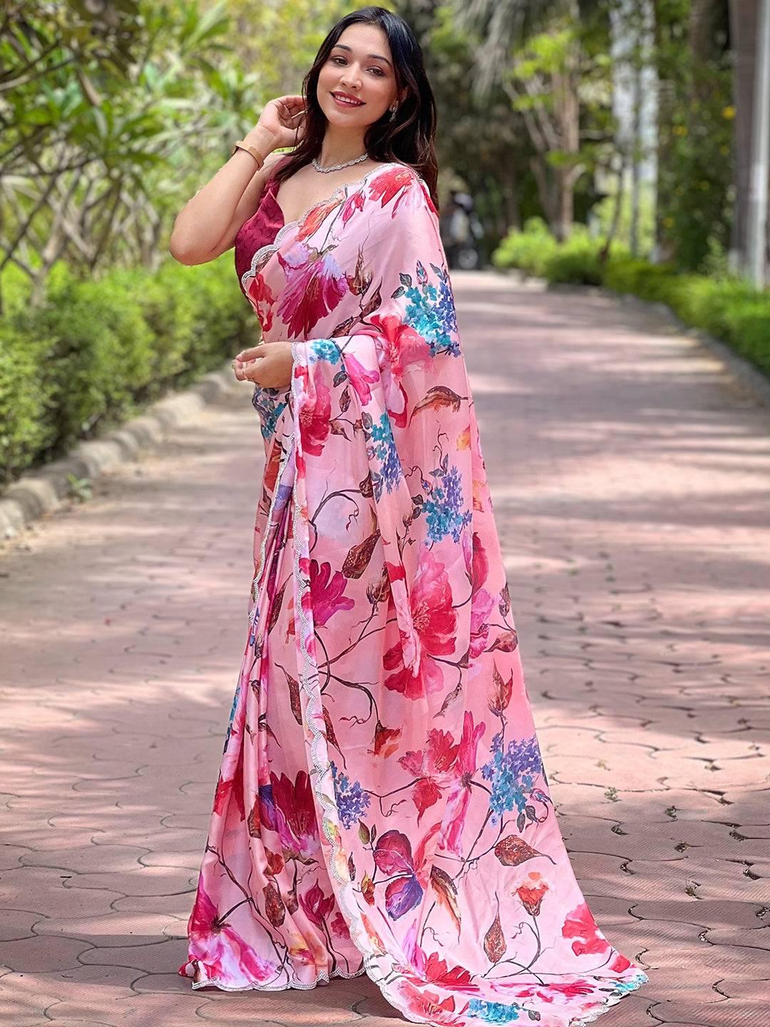 Peach Satin Georgette Floral Print Saree by My Store