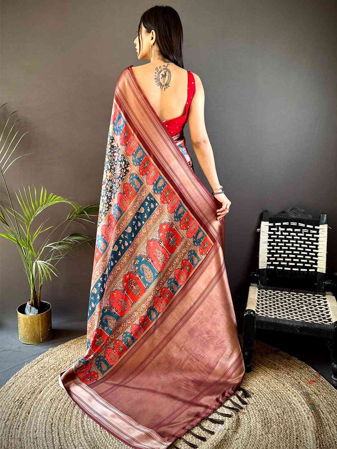 Brown Mughal Kalamkari Print Pashmina Saree by My Store