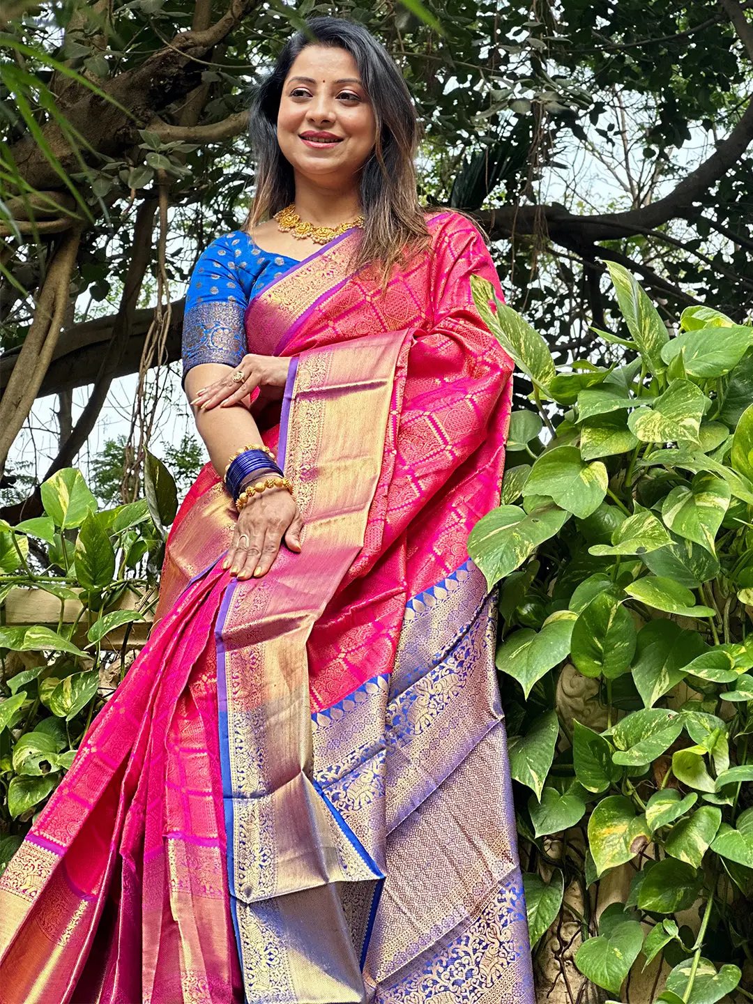 Checked Print Kanjivaram Silk Saree With Zari Work by My Store