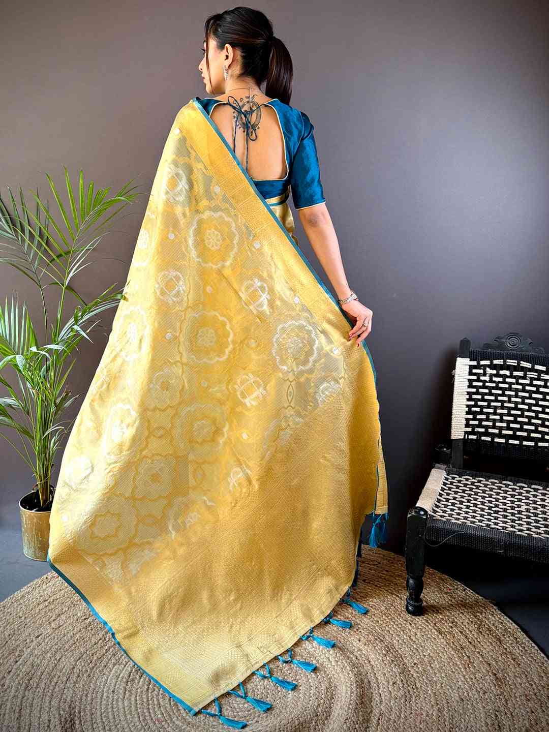 Minakari Floral Saree With Rama Tassels by My Store