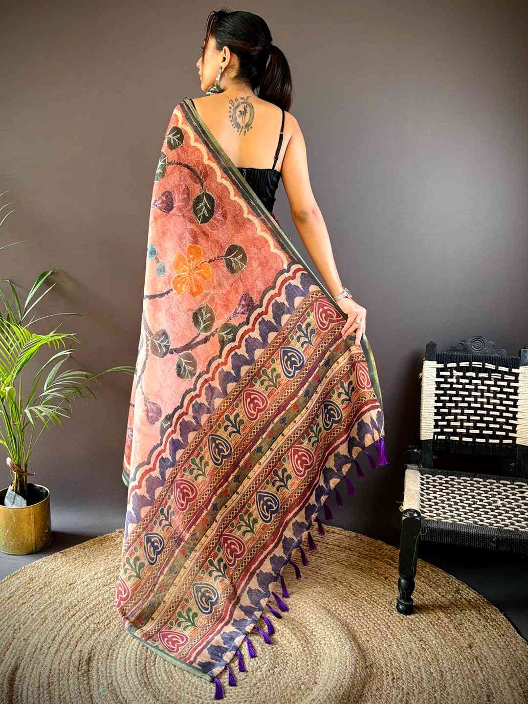 Rust Brown Folklore Tissue Chanderi Saree by My Store