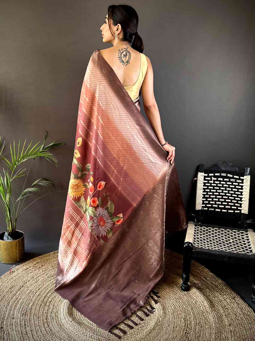 Rose Pink Kalamkari Ombre Crepe Silk Saree by My Store