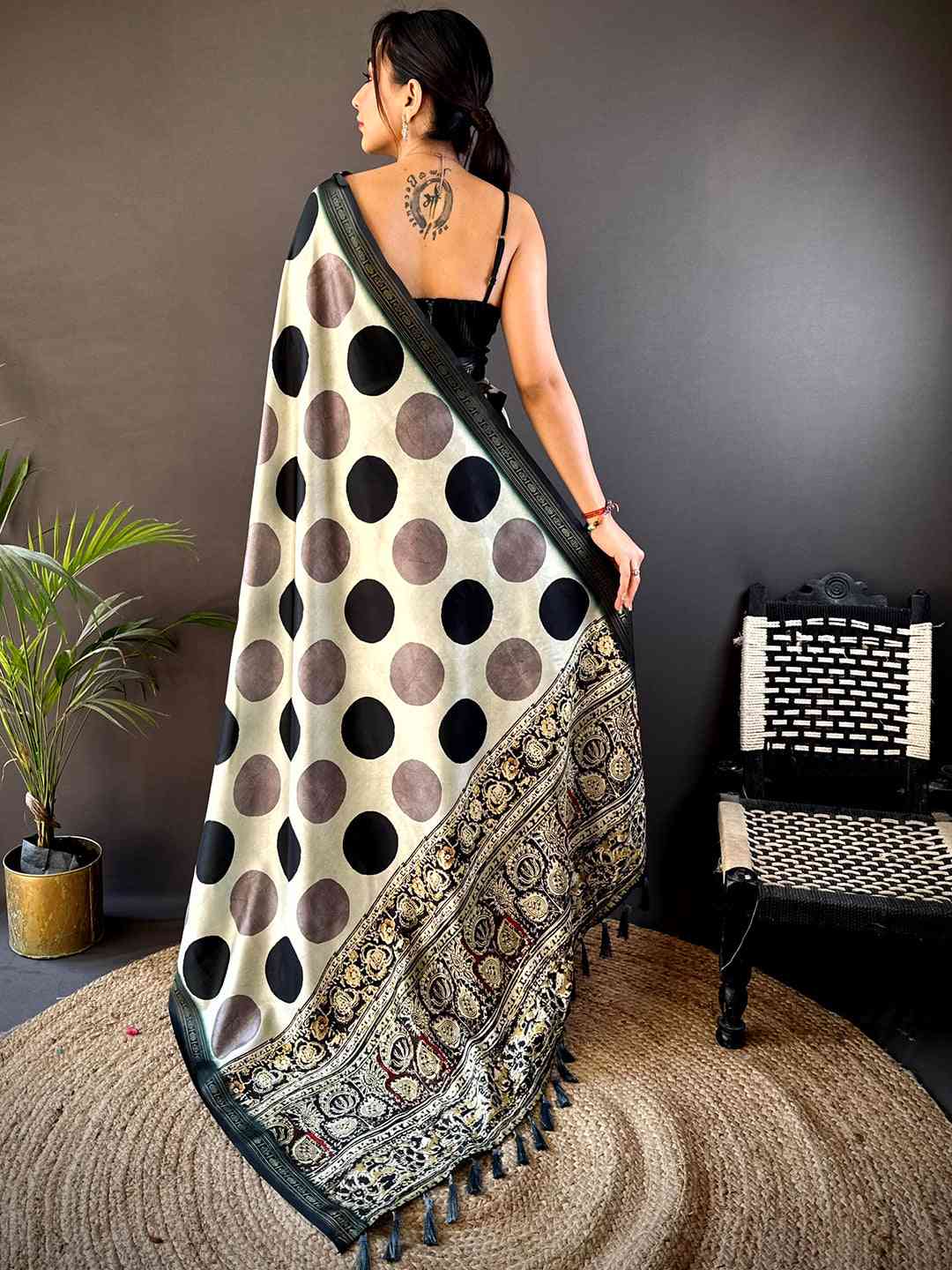 Pista Soft Silk Polka Dot Print Saree by My Store