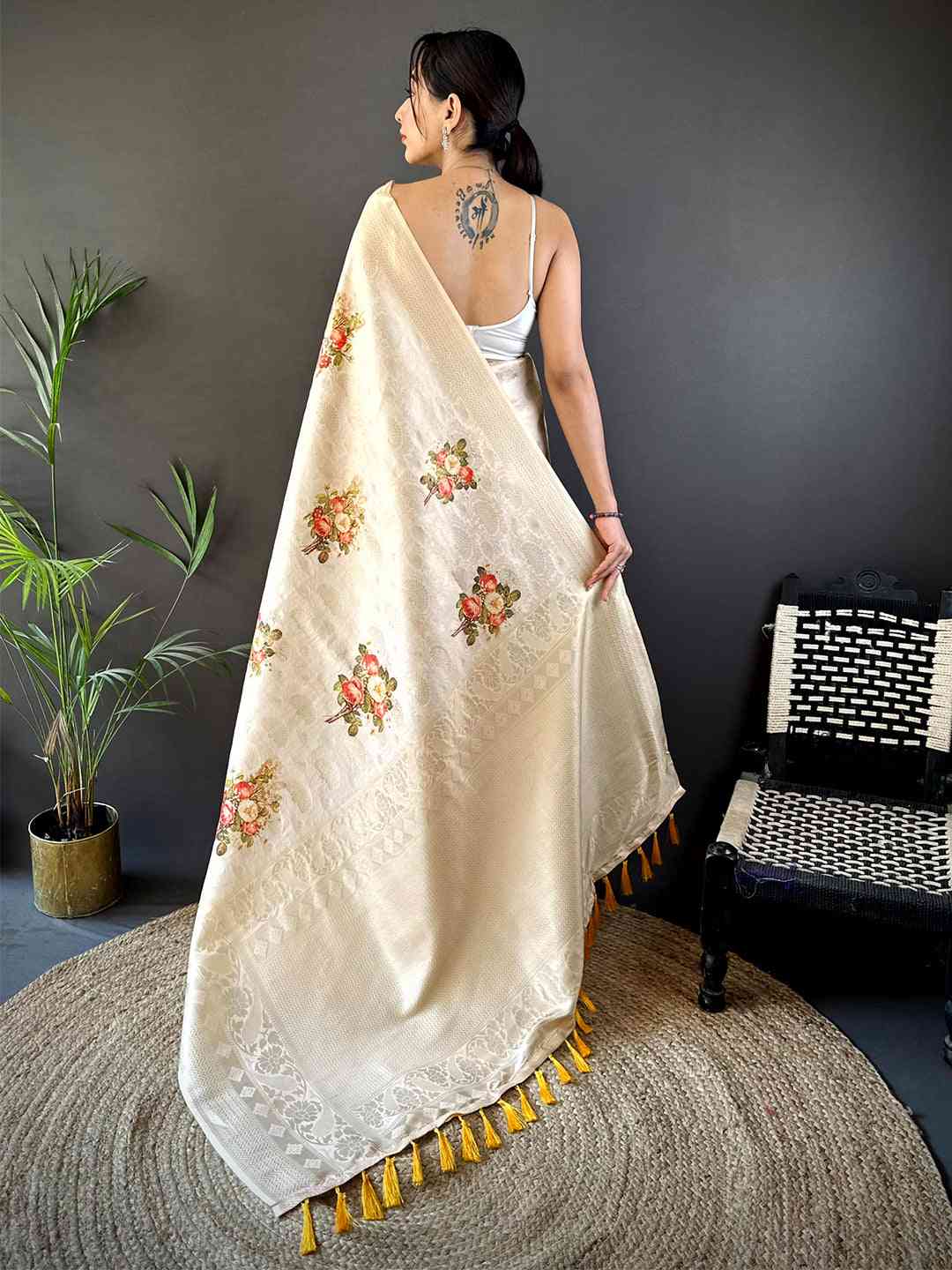 Cream Kanjivaram Digital Silk Saree by My Store