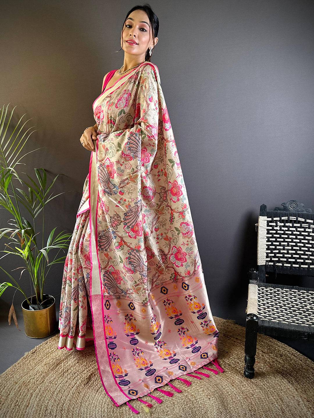 Serene Beige Phulkari Silk Saree by My Store