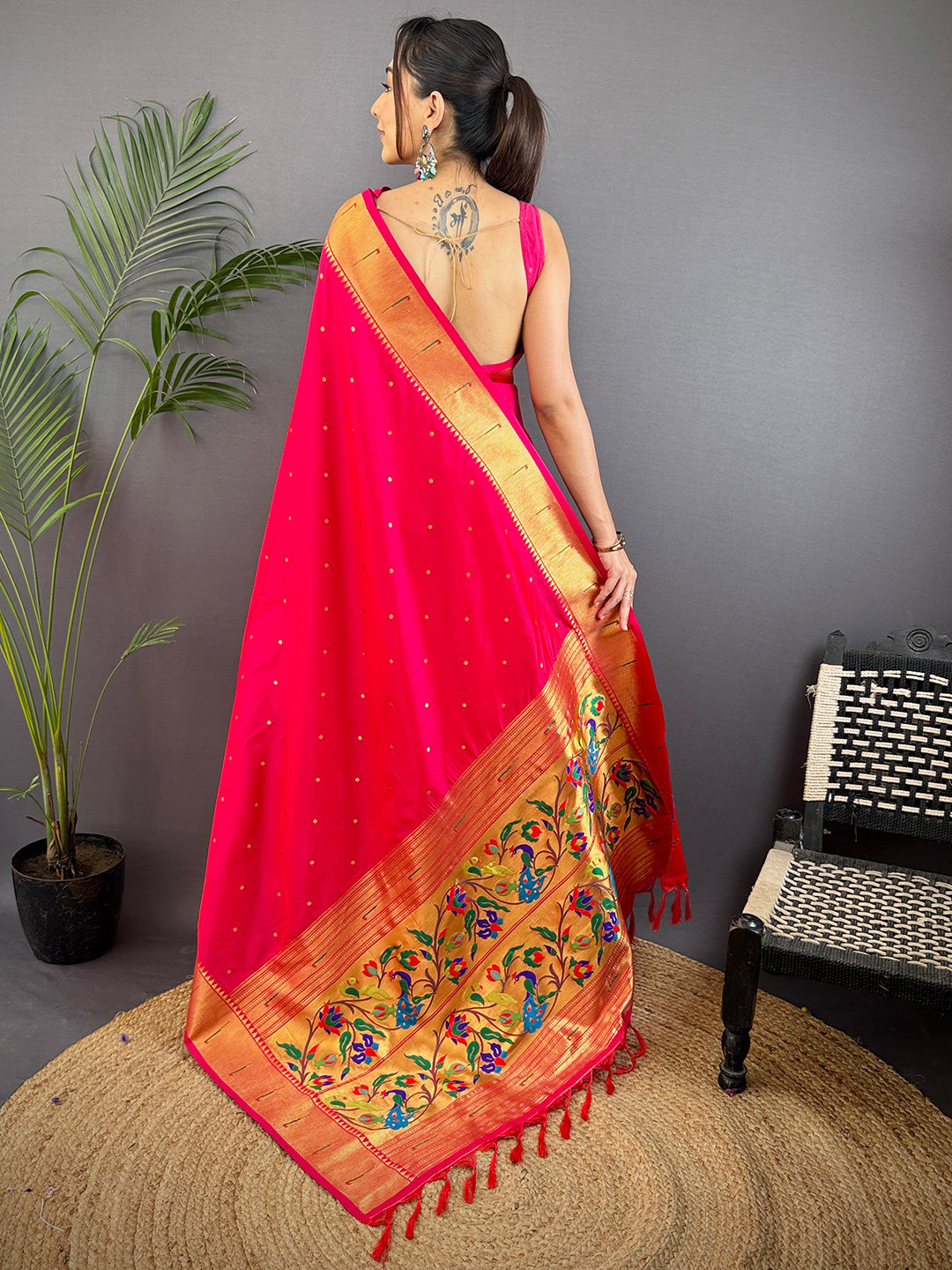 Rani Pink Yeola Paithani Soft Silk Saree by My Store
