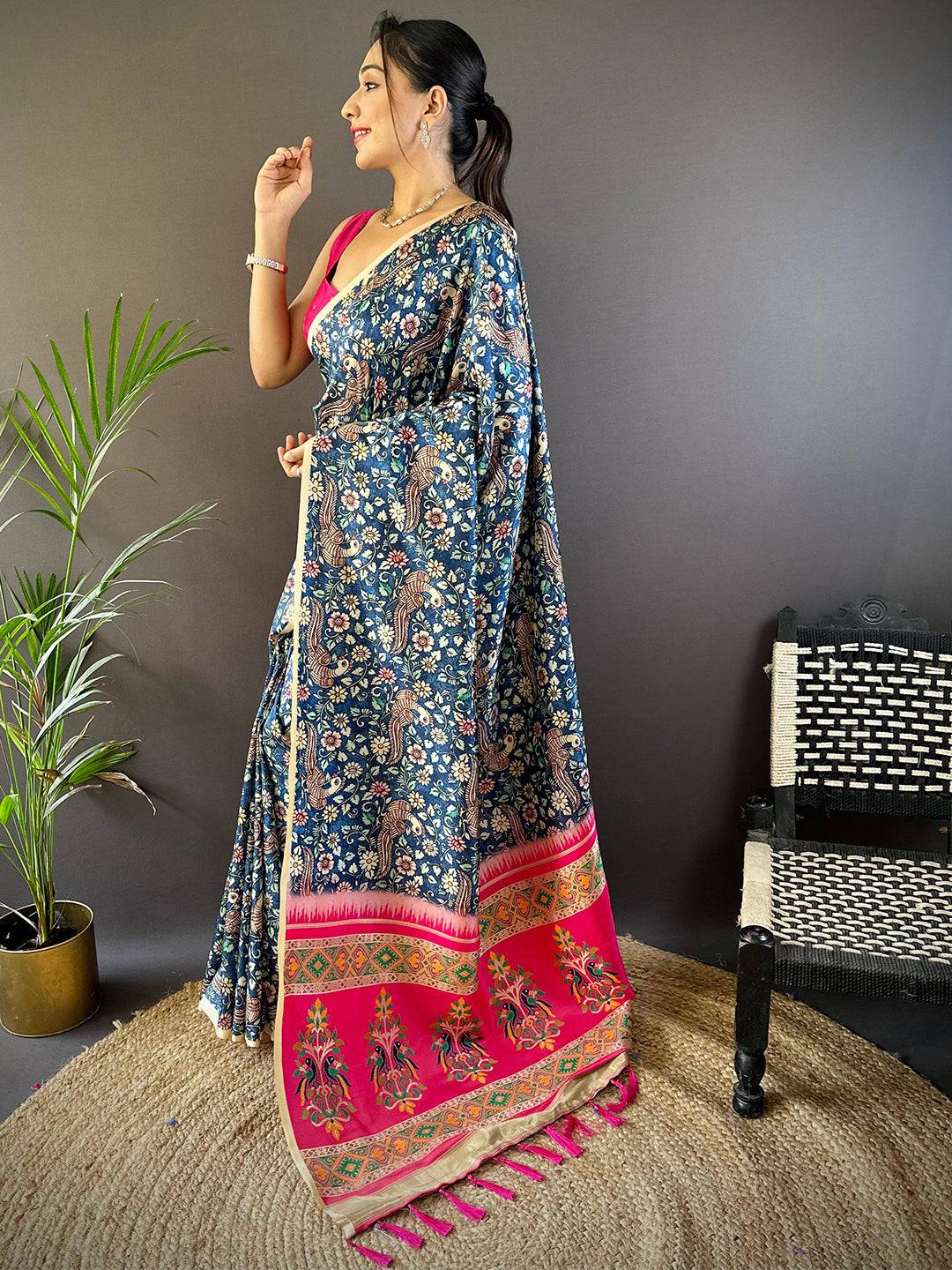 Kalamkari Floral Print Gamthi Soft Silk Saree by My Store