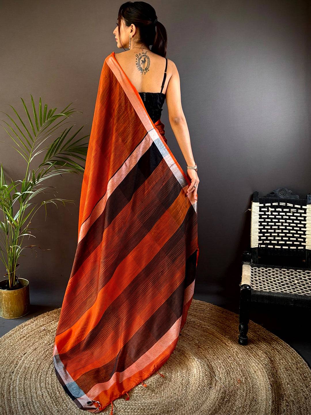 Orange Stylish Linen Saree With Zari Border by My Store