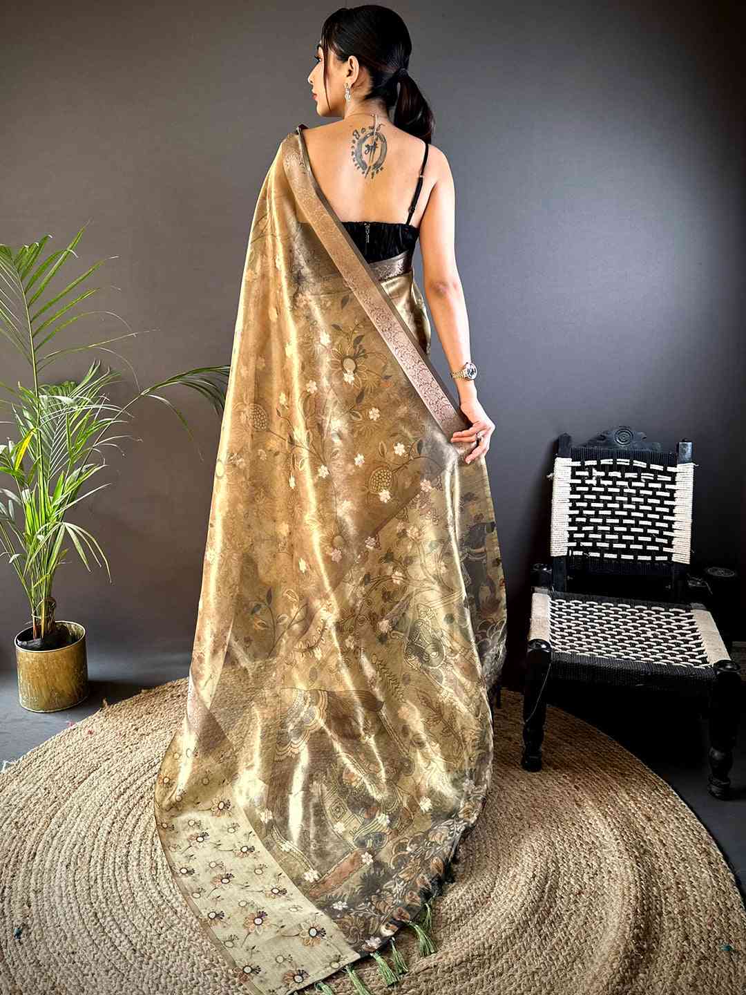 Light Pista Floral Satin Bentex Border Saree by My Store