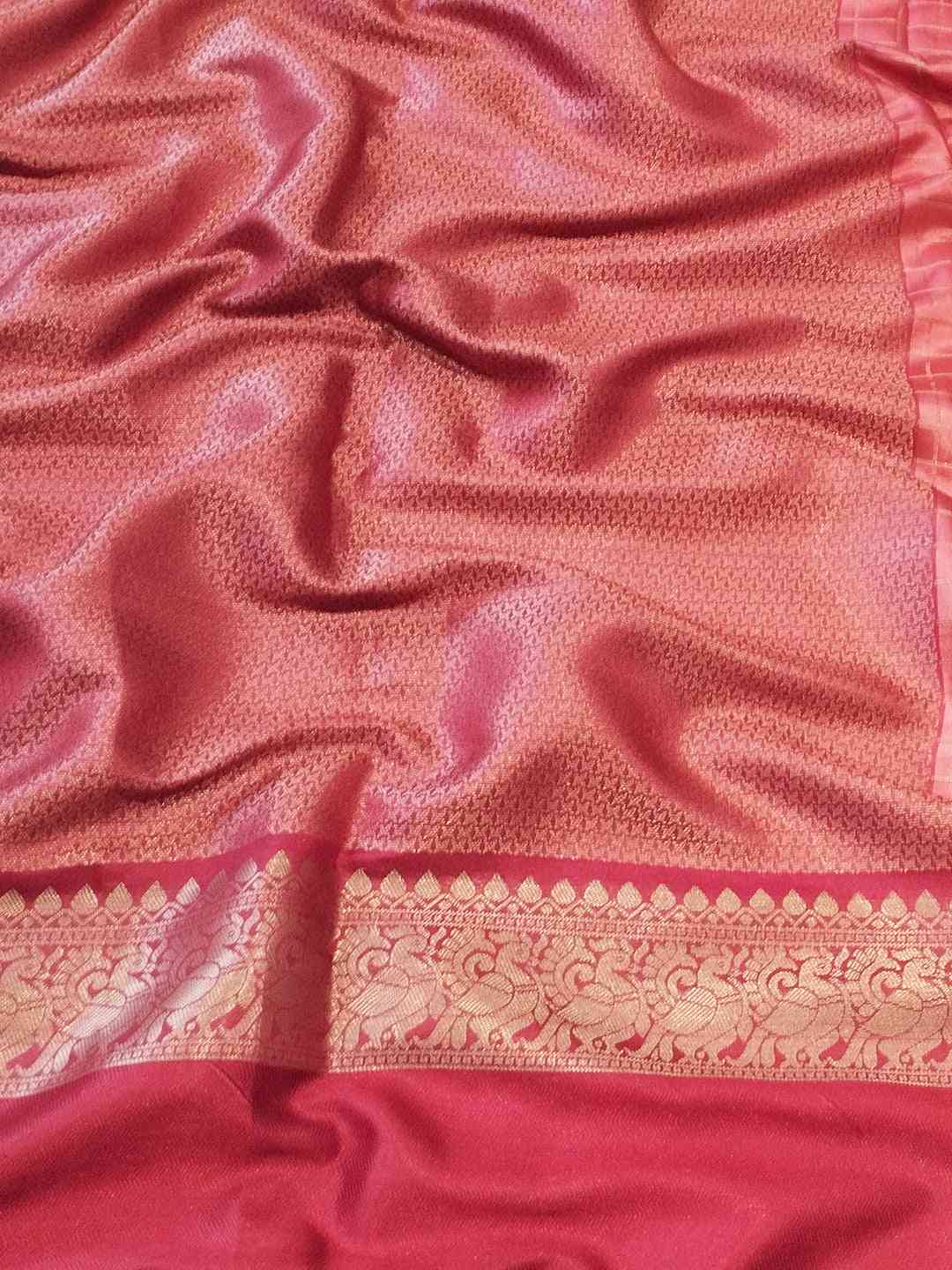 Peach Colour Double Border Chex Weaving Banarasi Soft Silk Saree by My Store
