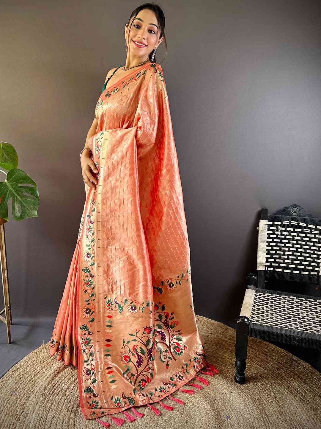 Peach Silk Blend Woven Zari Work Paithani Saree by My Store