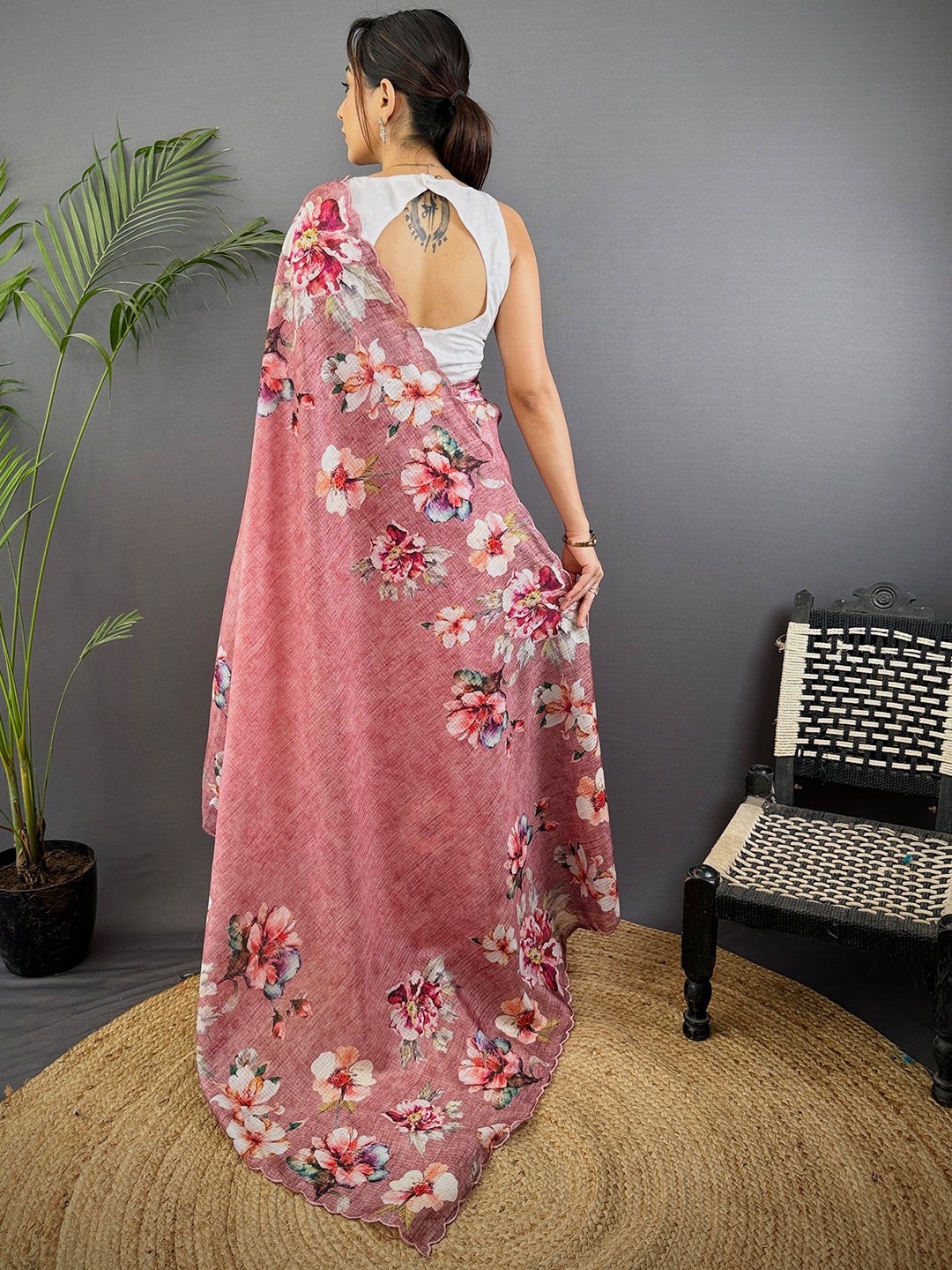 Blush Pink Kota Floral Digital Cut Work Saree by My Store