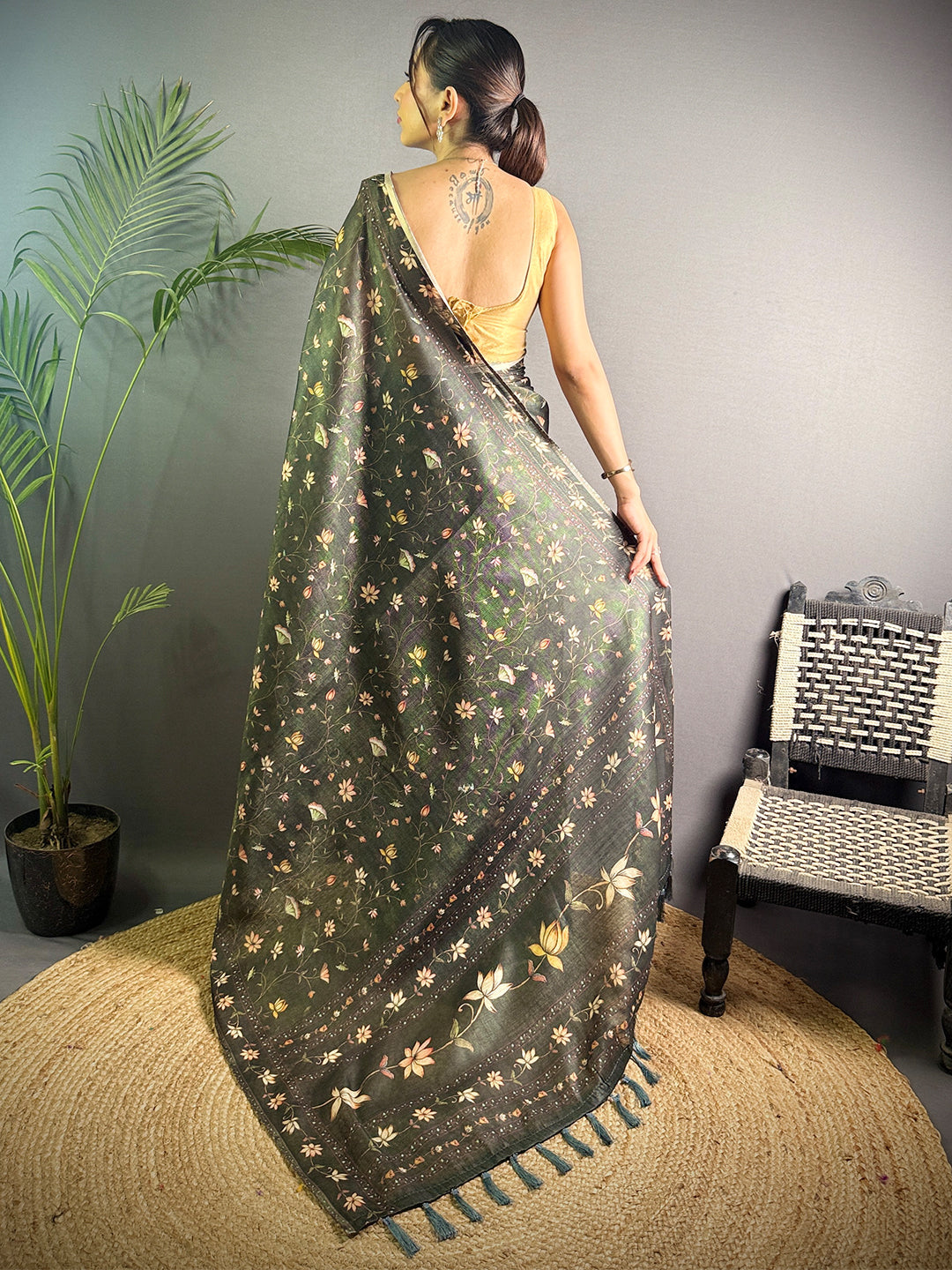 Olive Green Linen Juth Digital Print Saree by My Store