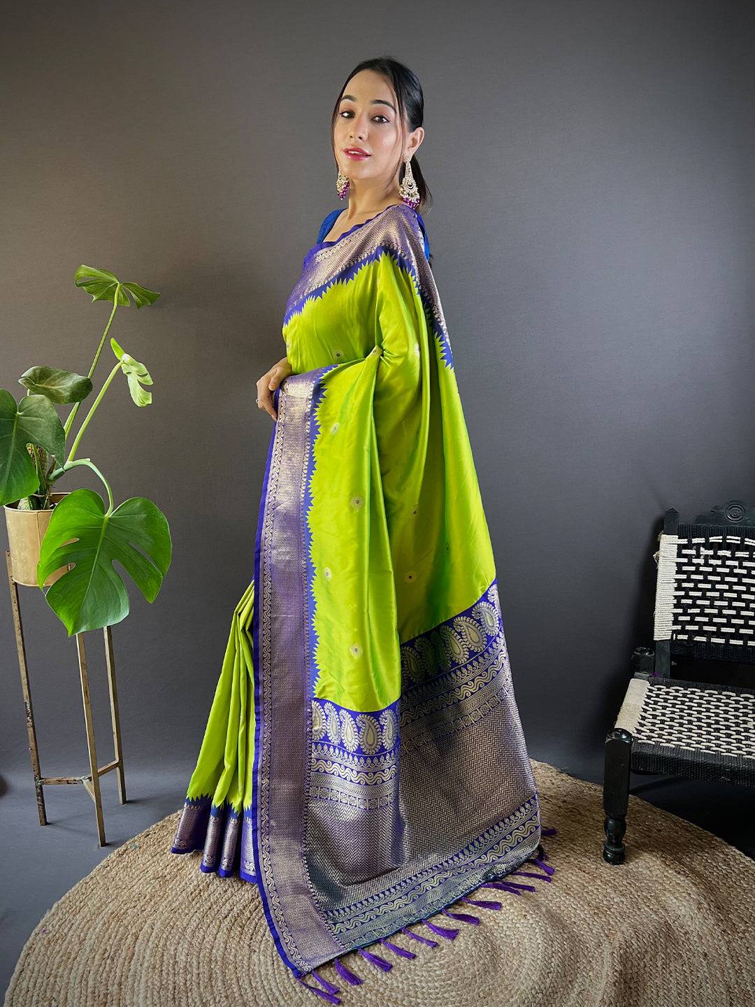 Lime Green Eyecapthear Gadhwal Silk Saree by My Store